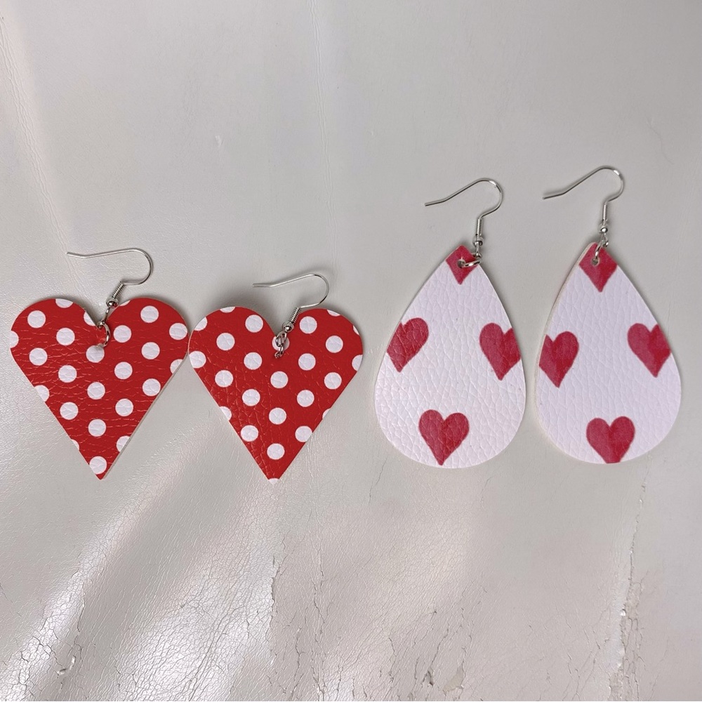 *2Pairs* EARRINGS Polka Dot & Hearts Faux
Leather Teardrop & Heart-Shaped Dangle